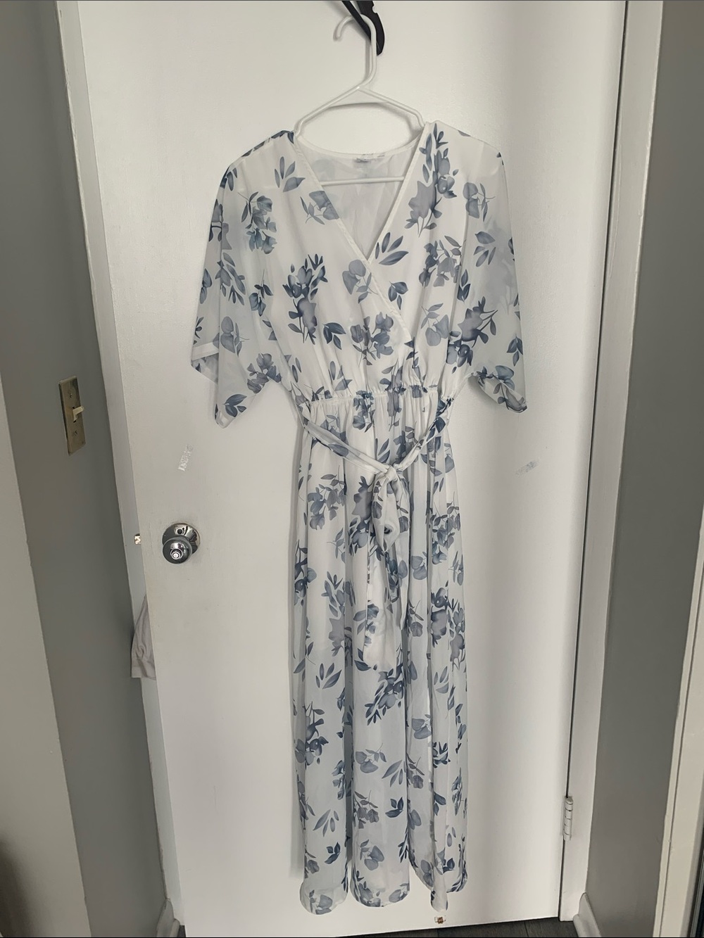 Women's Blue Floral Maxi Dress with Tie Waist